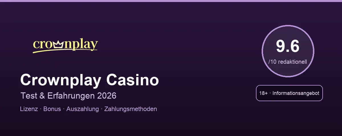 Crownplay Casino Review Hero mit redaktioneller Bewertung 9.5 von 10