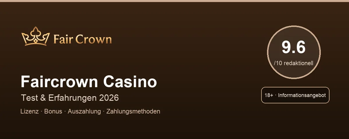 Faircrown Casino Review Hero mit redaktioneller Bewertung 9.6 von 10