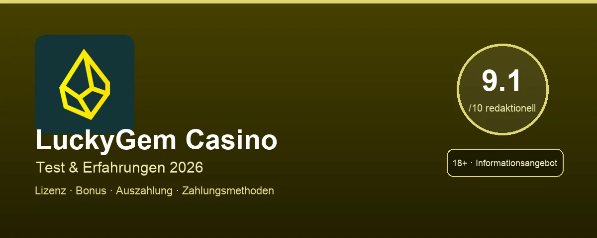 LuckyGem Casino Review Hero mit redaktioneller Bewertung 9.1 von 10