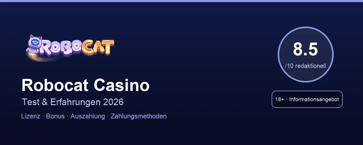 Robocat Casino Review Hero mit redaktioneller Bewertung 8.5 von 10