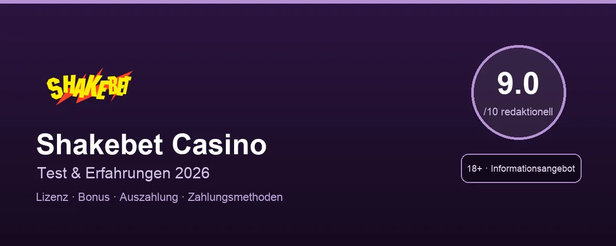 Shakebet Casino Review Hero mit redaktioneller Bewertung 9.0 von 10